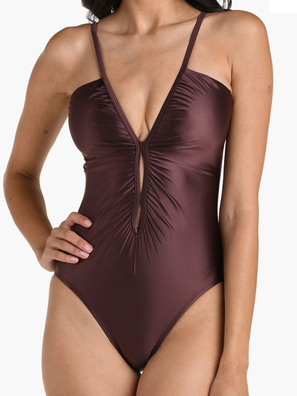La Blanca Earth Goddess V-Neck One-Piece Swimsuit in Truffle SZ 10 NWT